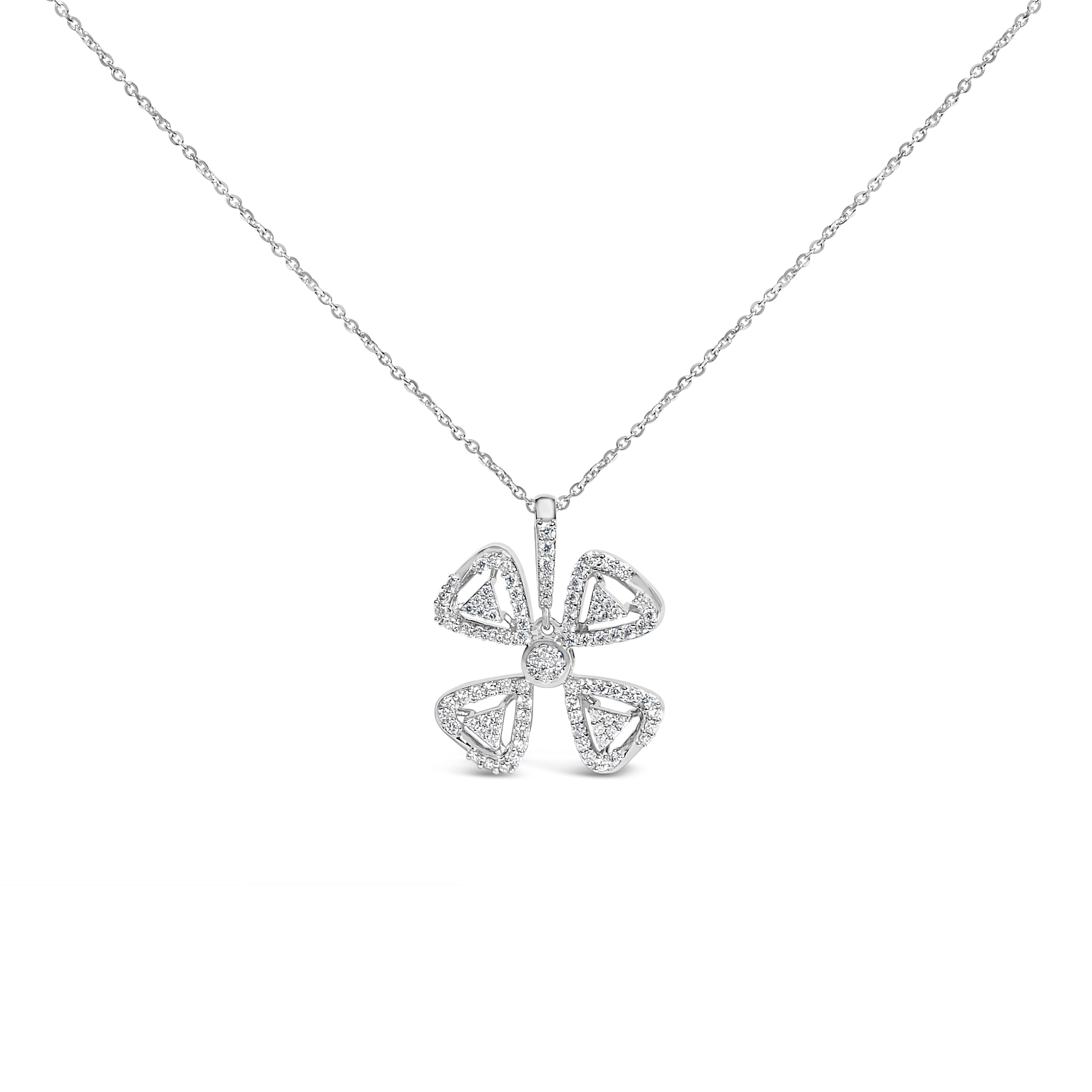 14K White Gold 5/8 Cttw Diamond 4 Leaf Floral Pendant Necklace (H-I Color, I1-I2 Clarity) - 18" Inches