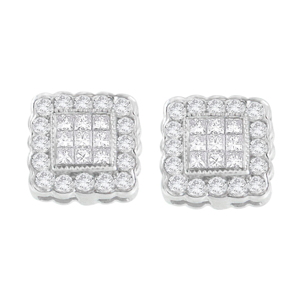 14K White Gold 1.0 Cttw Round Brilliant & Princess Cut Diamond Scallop-Edge Framed Square Halo Stud Earrings (G-H Color, SI1-SI2 Clarity)