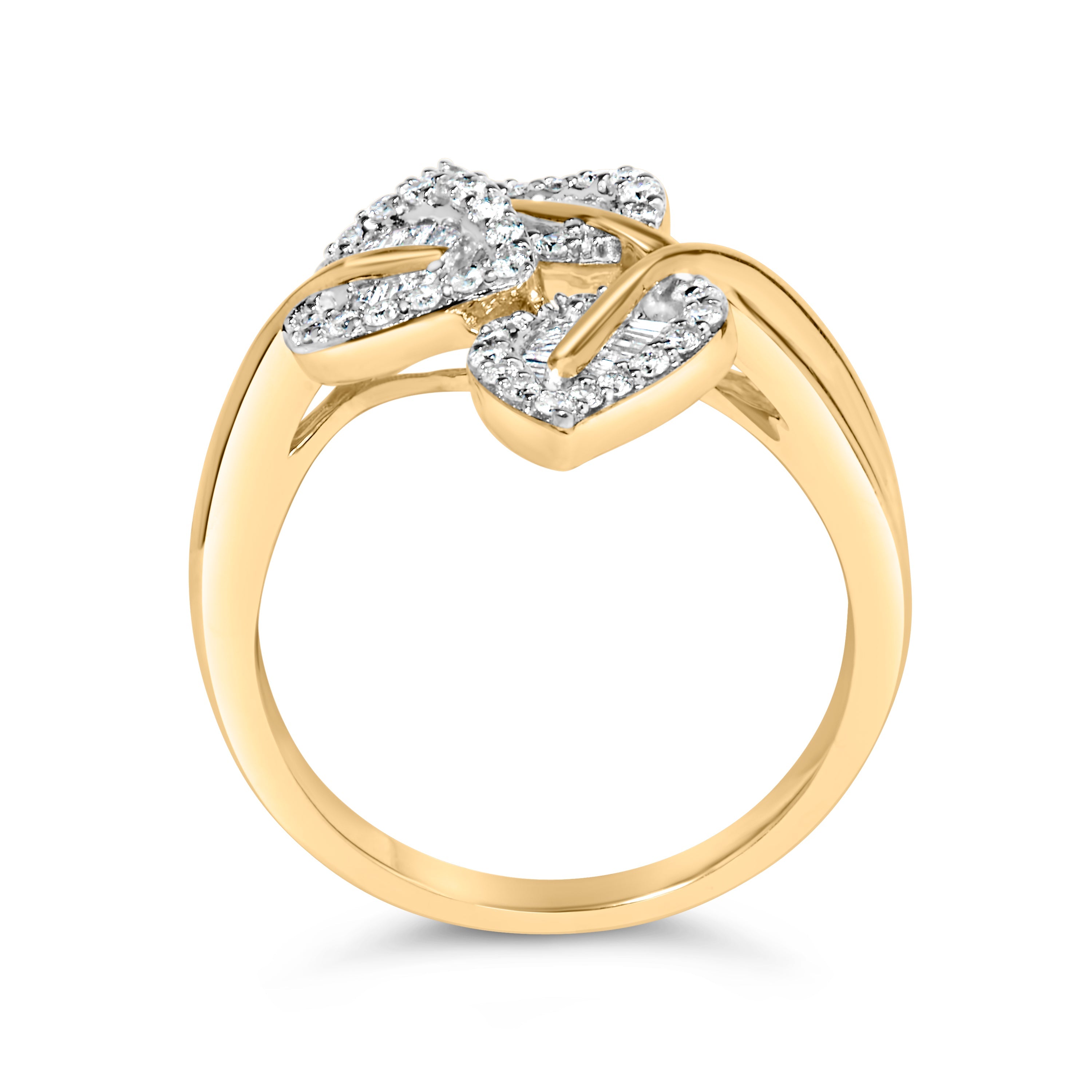 18K Yellow and White Gold Plated .925 Sterling Silver 3/8 Cttw Baguette and Round Diamond Bypass Triple Leaf Ring (I-J Color, I1-I2 Clarity) - Size 7