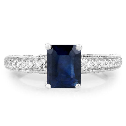 1.55 Carat Genuine Blue Sapphire and White Diamond 14K White Gold Ring (I Color, SI Clarity)
