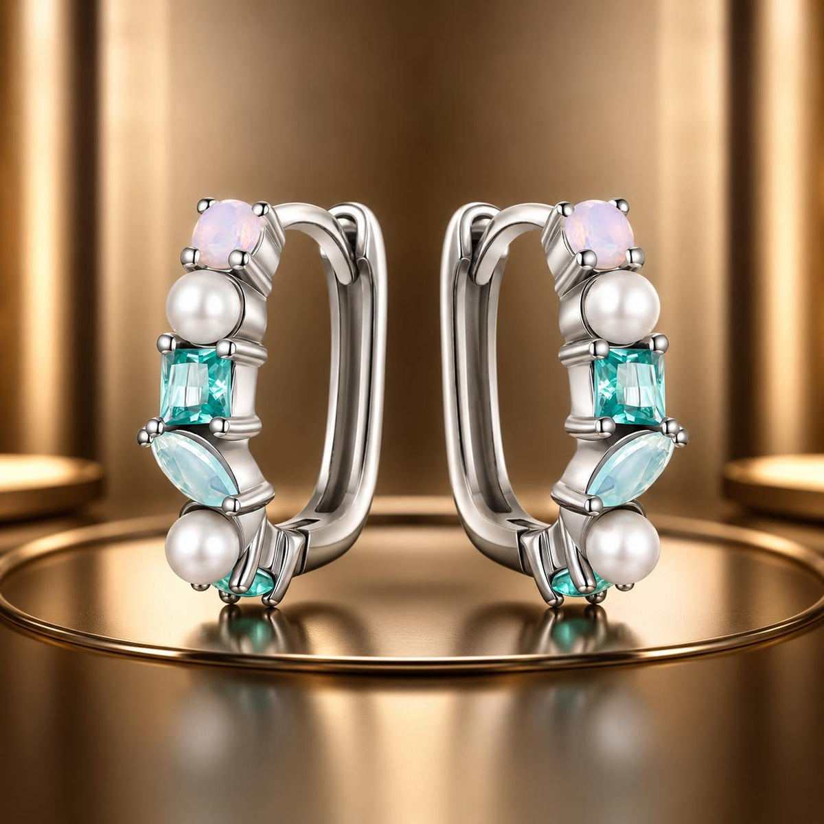 925 Sterling Silver Earrings with Nano Opal, Shell Pearl and Glass, 1.4cm for Women