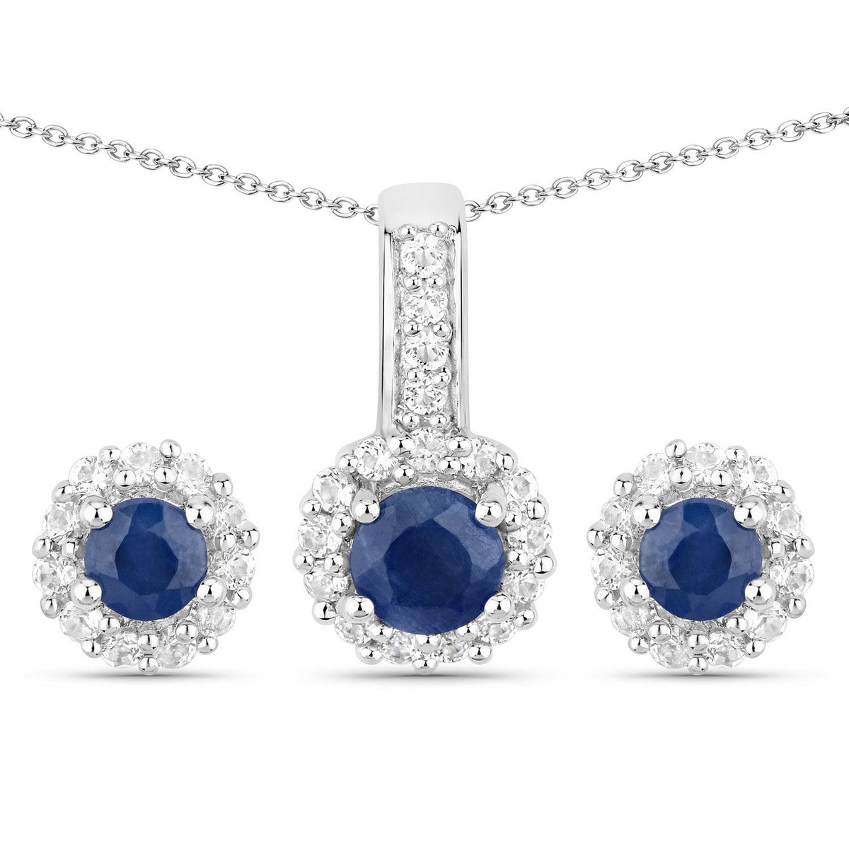 2.17 Carat Genuine Blue Sapphire and White Topaz .925 Sterling Silver Jewelry Set