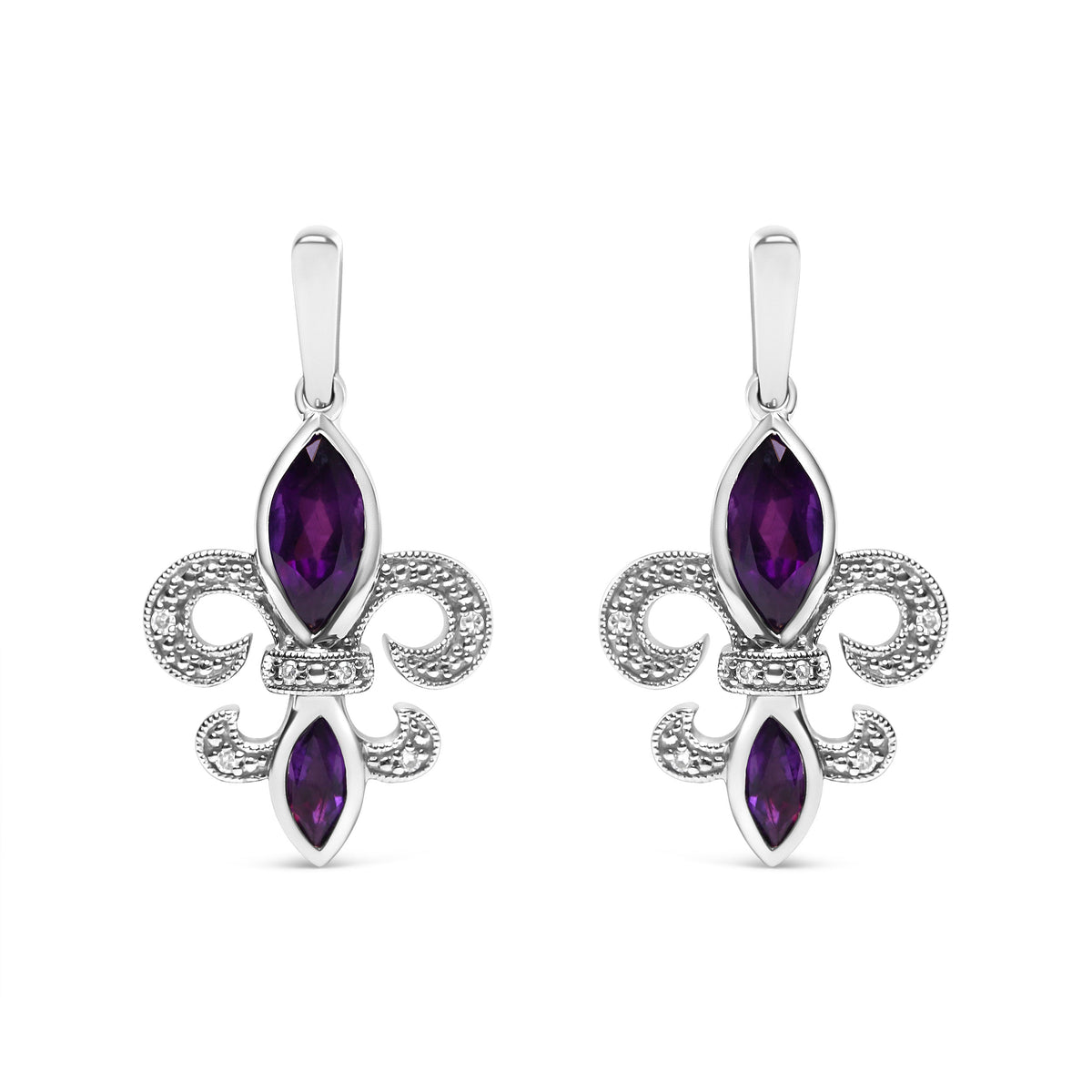 .925 Sterling Silver Marquise Cut Amethyst and Diamond Accent Fleur De Lis Dangle Stud Earrings (H-I Color, SI1-SI2 Clarity)
