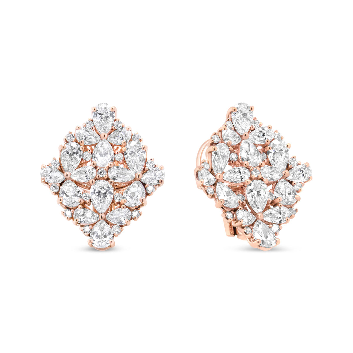 18K Rose Gold 8 1/3 Cttw Pear and Round Diamond Floral Cluster Omega Earrings (F-G Color, VS1-VS2 Clarity)