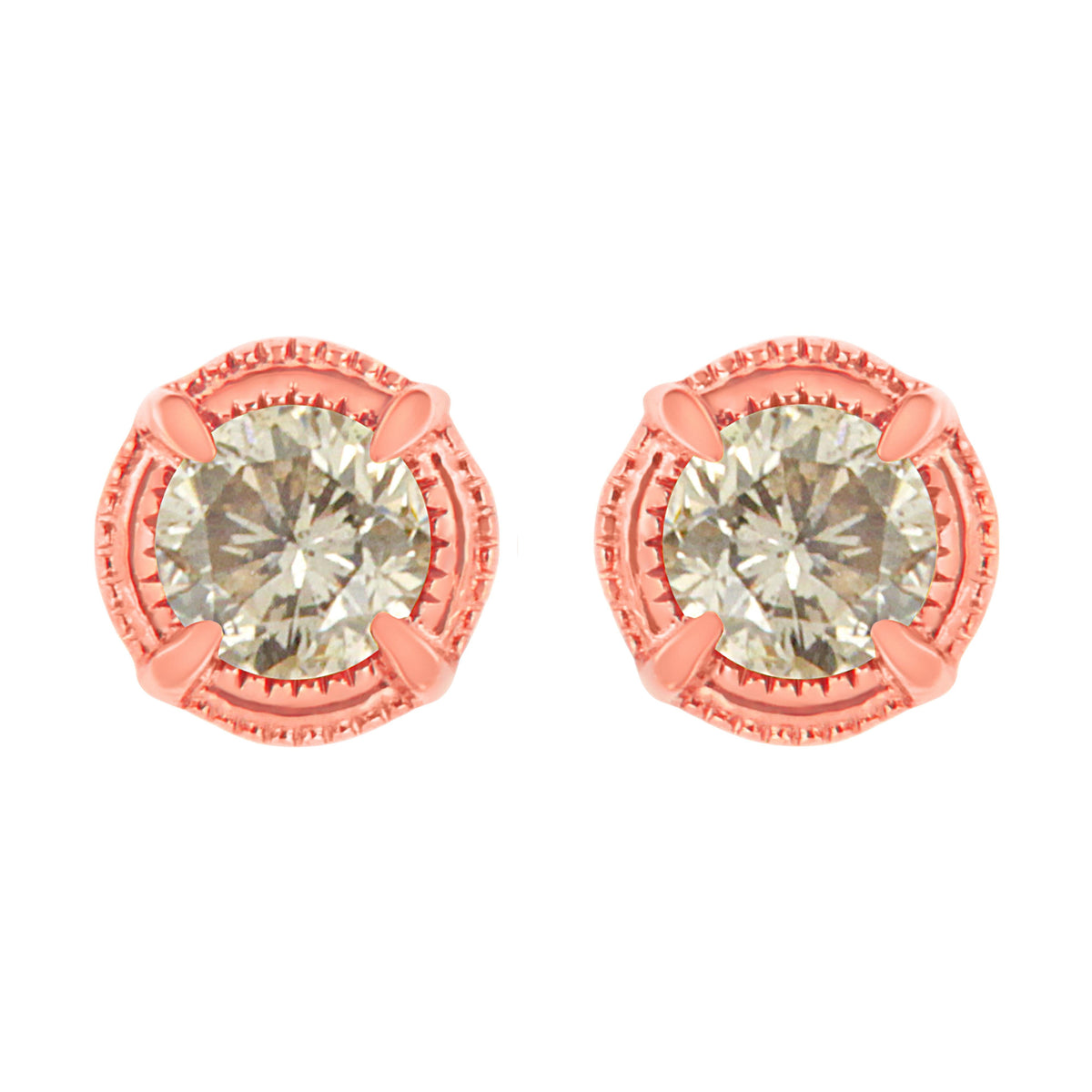 14K Yellow Gold Plated .925 Sterling Silver 1.0 Cttw Round Brilliant Cut Diamond Solitaire Milgrain Stud Earrings (K-L Color, I2-I3 Clarity)