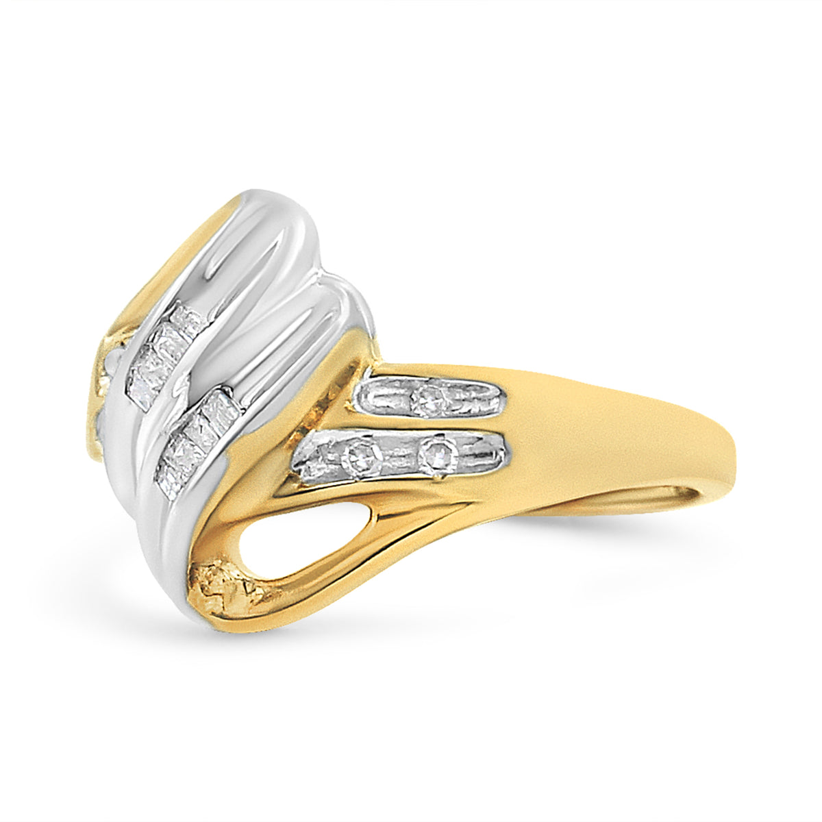 10K Yellow and White Gold 1/10 Cttw Baguette and Round-Cut Diamond Bypass Ring (I2 Color, H-I Clarity) - Size 7