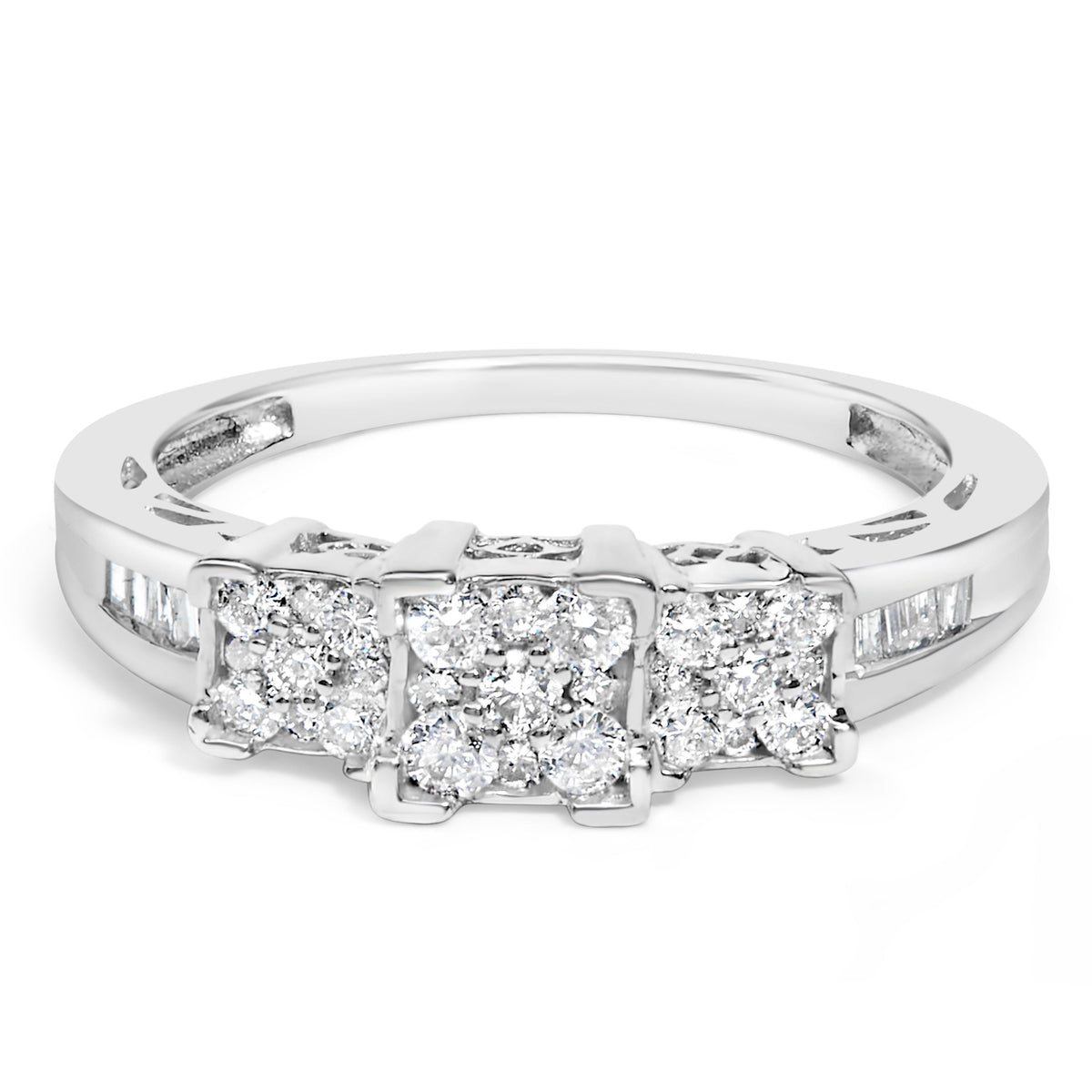 10K White Gold 1/2 Cttw Brilliant & Baguette Cut Diamond 3 Stone Design with 3 Square Clusters Engagement Ring (H-I Color, SI2-I1 Clarity) - Size 6-3/4