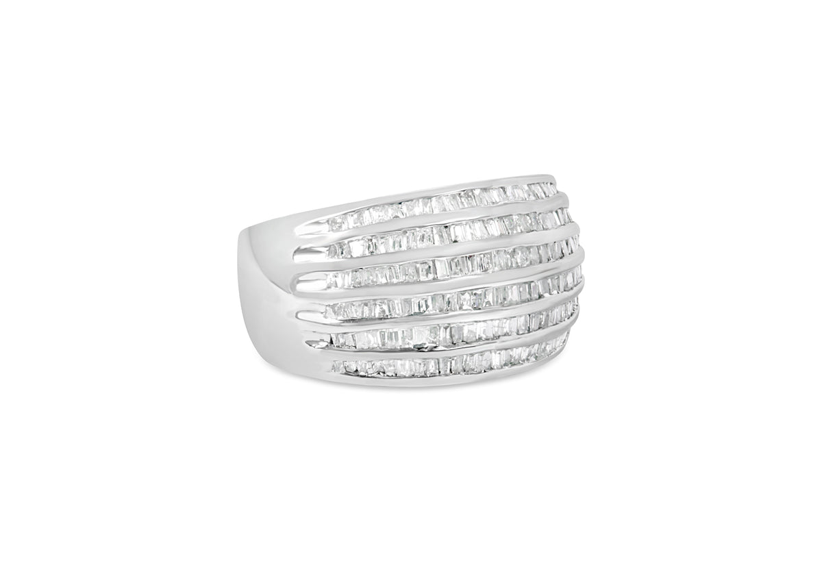 .925 Sterling Silver 1.0 Cttw Baguette-Cut Diamond 6-Row Channel Set Domed Tapered Cocktail Fashion Ring (H-I Color, I2-I3 Clarity) - Size 6-1/2