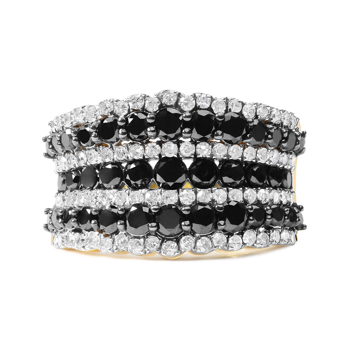 14K Yellow Gold Plated .925 Sterling Silver 1 3/4 Cttw Treated Black and White Alternating Diamond Multi Row Band Ring (Black / I-J Color, I2-I3 Clarity) - Size 7