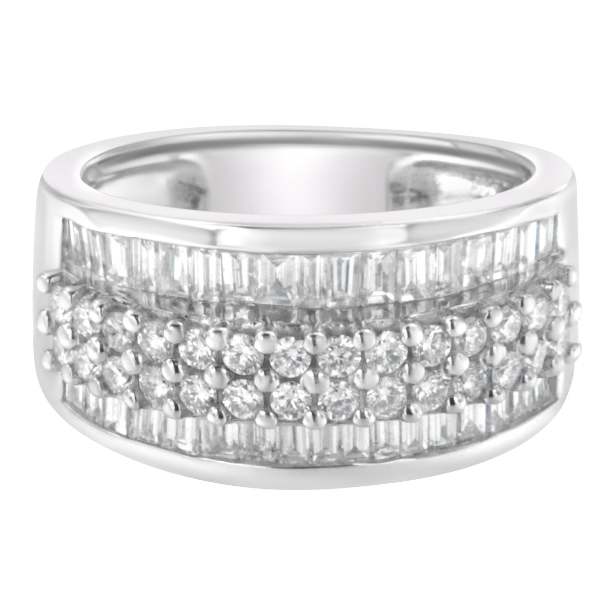 14K White Gold Round and Baguette Diamond Ring (1 1/2 Cttw, F-G Color, SI1-SI2 Clarity) - Size 6-3/4