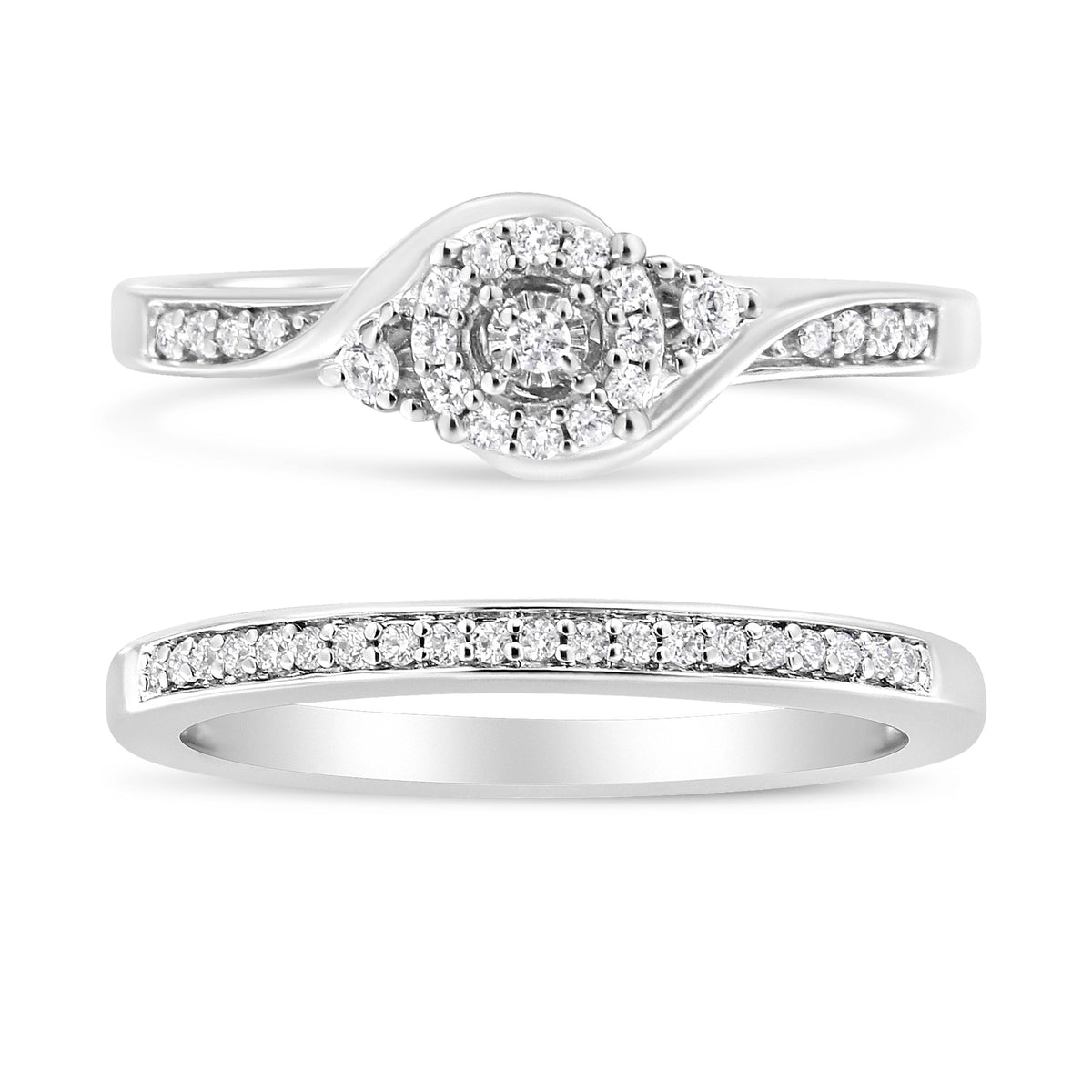.925 Sterling Silver 1/4 Cttw Diamond Halo and Swirl Engagement Ring and Wedding Band Set (I-J Color, I3 Clarity)- Ring Size 7