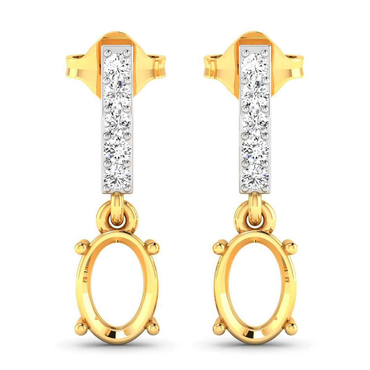 0.14 Carat Genuine White Diamond 14K Yellow Gold Semi Mount Earrings - holds 7x5mm Oval Gemstones