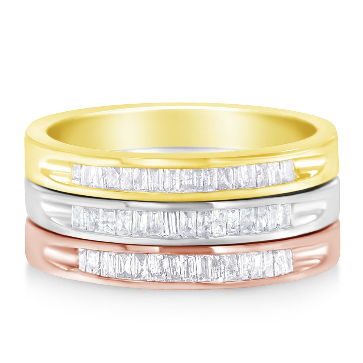 10K Yellow, White and Rose Gold over .925 Sterling Silver 5/8 Cttw Diamond Channel-Set Stackable Band Ring Set (H-I Color, I1-I2 Clarity) - Size 6 3/4