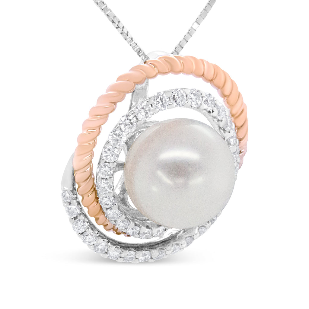 14K Rose and White Gold 3/8 Cttw Pave Diamond and 9mm Round Pearl Spiral Openwork 18" Pendant Necklace- (H-I Color, VS1-VS2 Clarity)