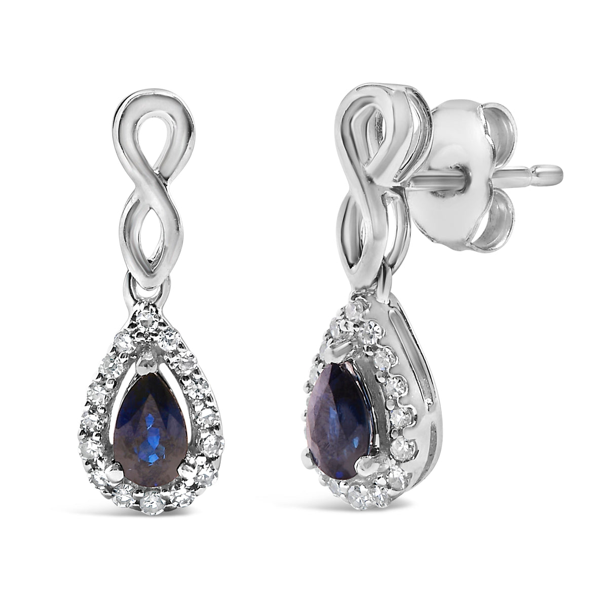 10K White Gold Pear Cut Blue Sapphire and 1/7 Cttw Diamond Infinity Drop and Dangle Earrings (I-J Color, I1-I2 Clarity)