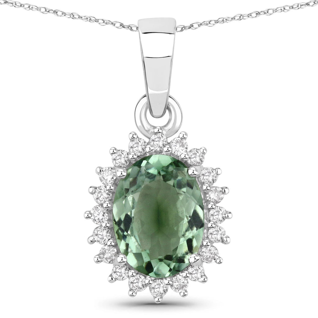 1.39 Carat Genuine Green Tourmaline and White Diamond 14K White Gold Pendant