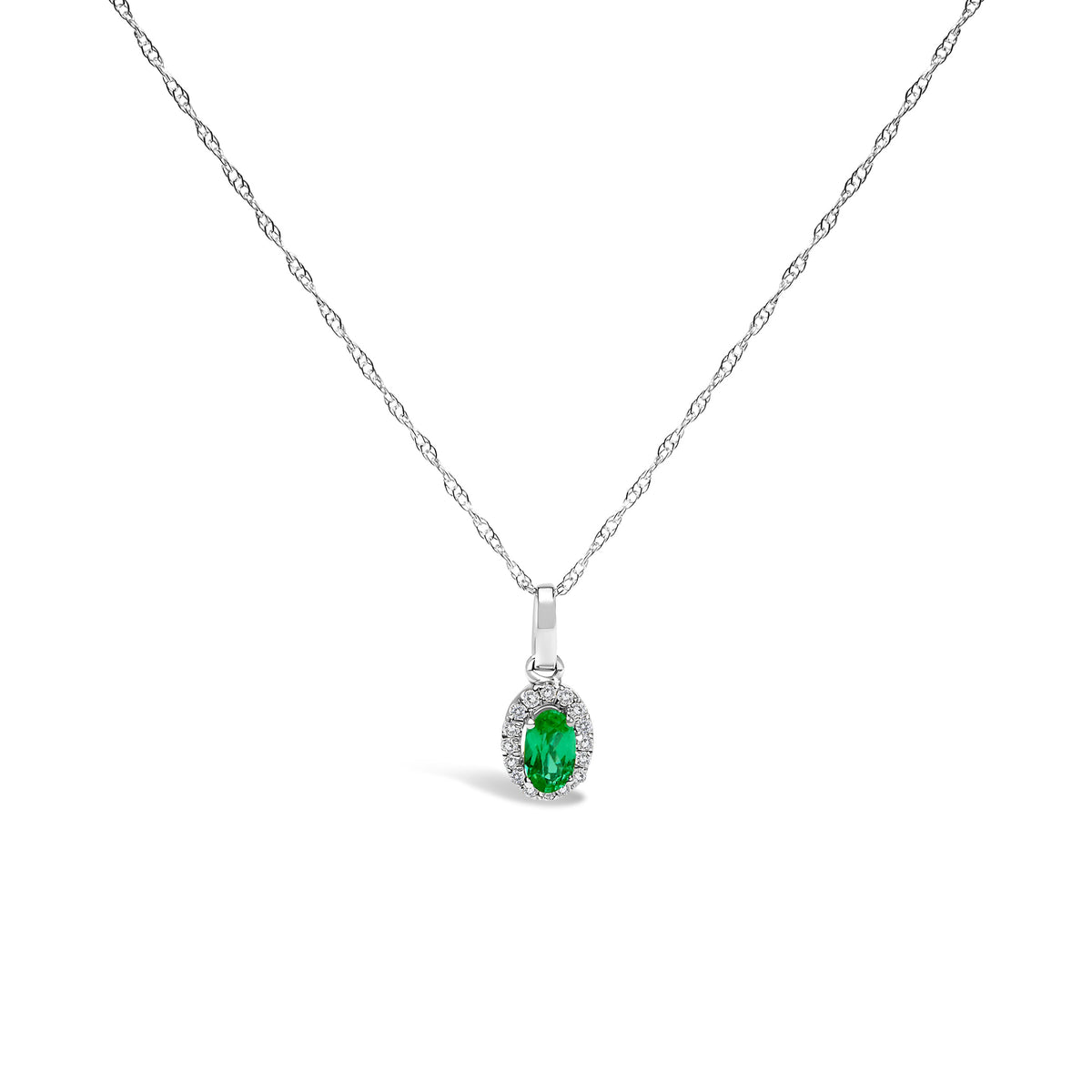 10K White Gold 5x3mm Green Emerald and Diamond Accent Halo Oval Shape 18" Pendant Necklace (I-J Color, I1-I2 Clarity)
