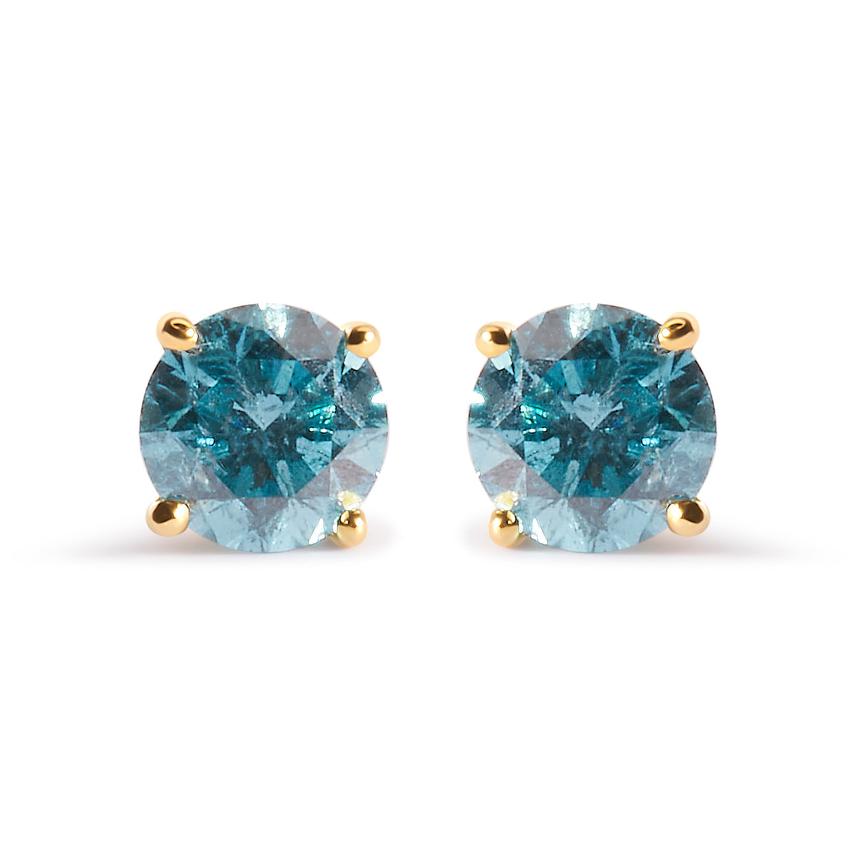 14K Yellow Gold 1.0 Cttw Treated Aqua Blue Diamond Classic Solitaire Stud Earrings (Aqua Blue Color, I2-I3 Clarity)