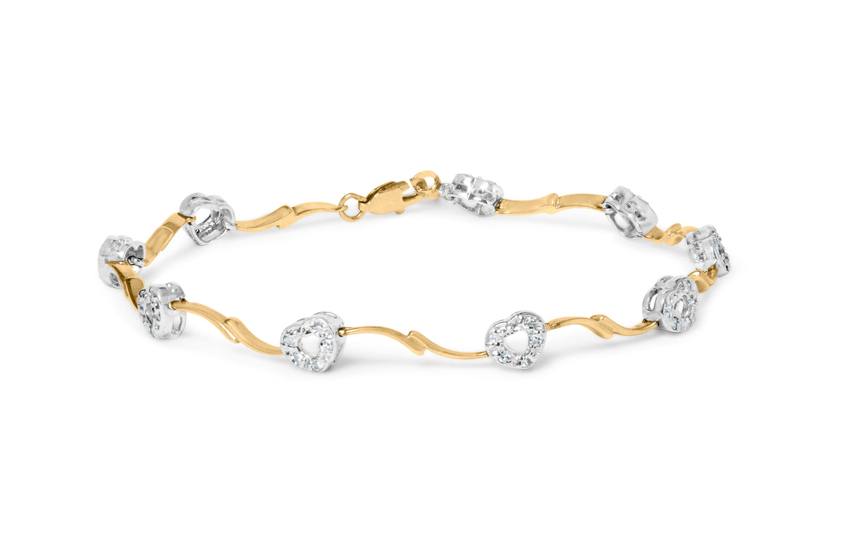 10k Two-Tone Gold 1/3 Cttw Diamond Pave Set Heart S-Link 7.25" Bracelet (I-J Color, I2-I3 Clarity)