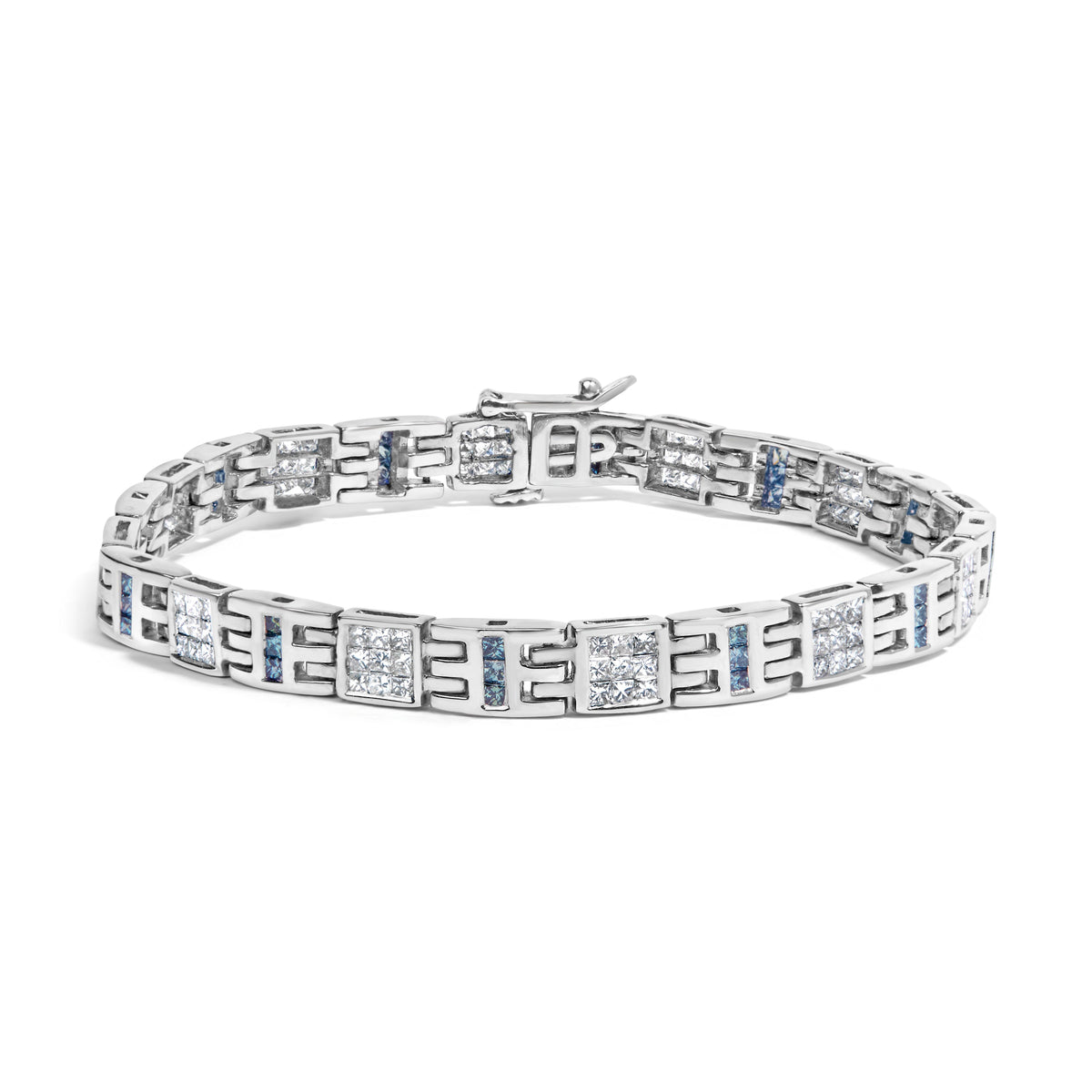 14K White Gold Princess-Cut white and Blue Diamond 3.00 cttw Fashion Link Bracelet (H-I Color, SI1-SI2 Clarity)