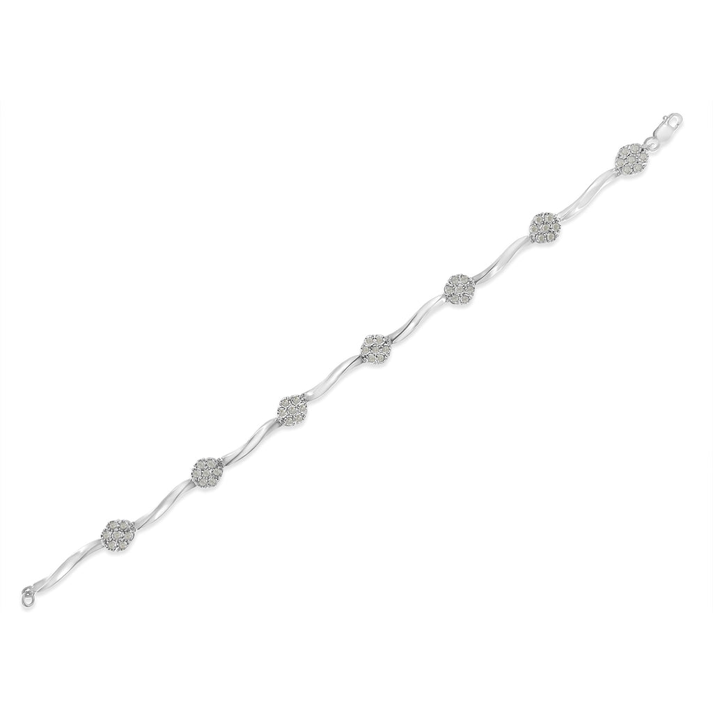.925 Sterling Silver 1.0 Cttw Diamond Cluster Miracle-Set Station & Twisted Bar 7" Tennis Bracelet (H-I Color, I1-I2 Clarity)