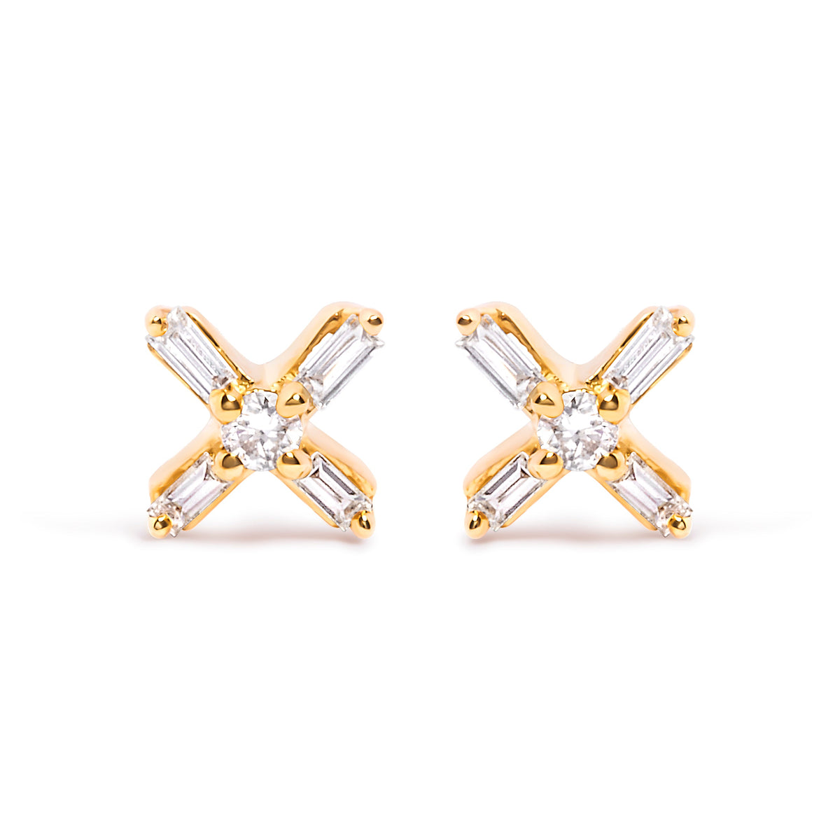 10K Yellow Gold 1/10 Cttw Round and Baguette Diamond Criss Cross X Stud Earring (H-I Color, I1-I2 Clarity)