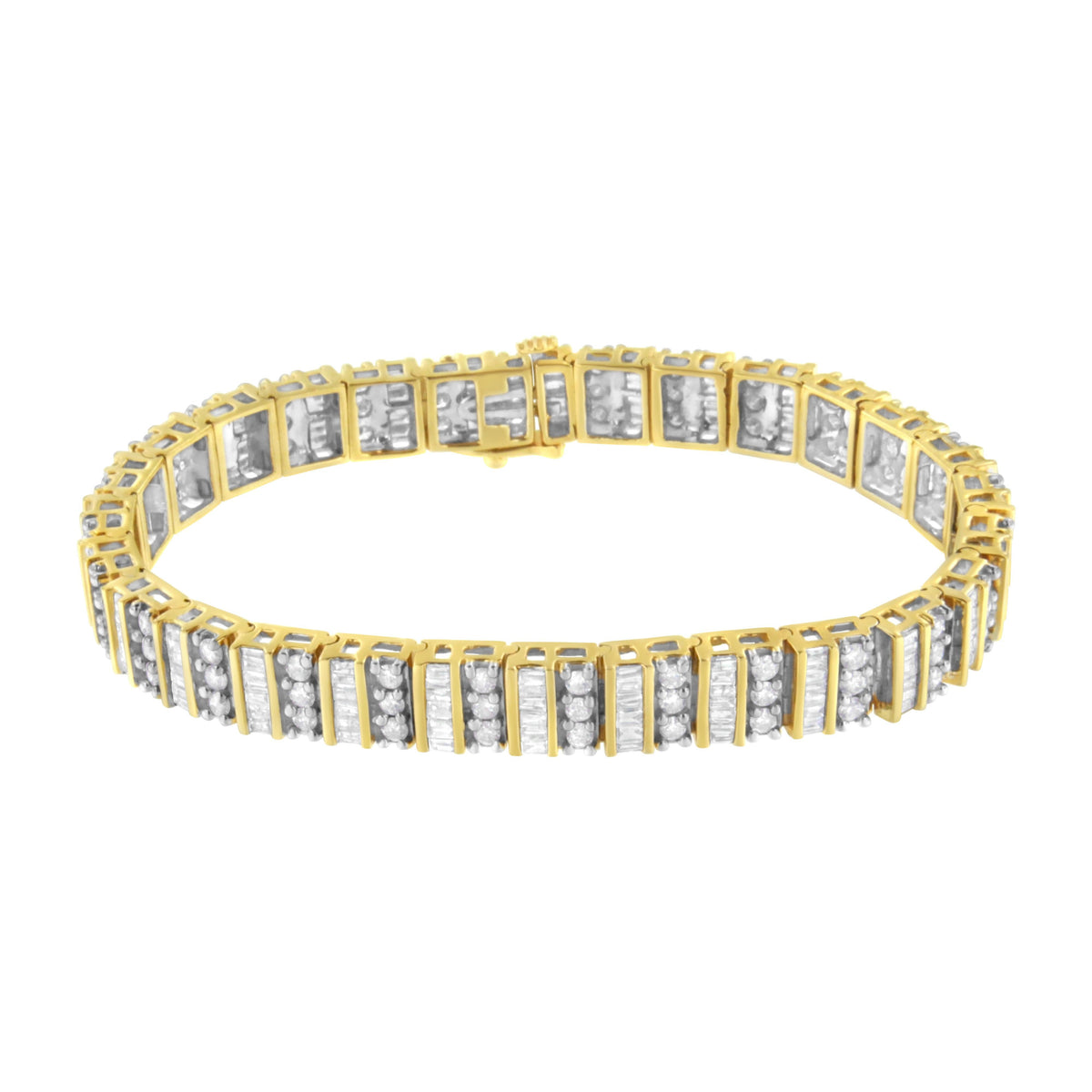 14K Yellow Gold 5.50 Cttw Round and Baguette Diamond Link Bracelet
