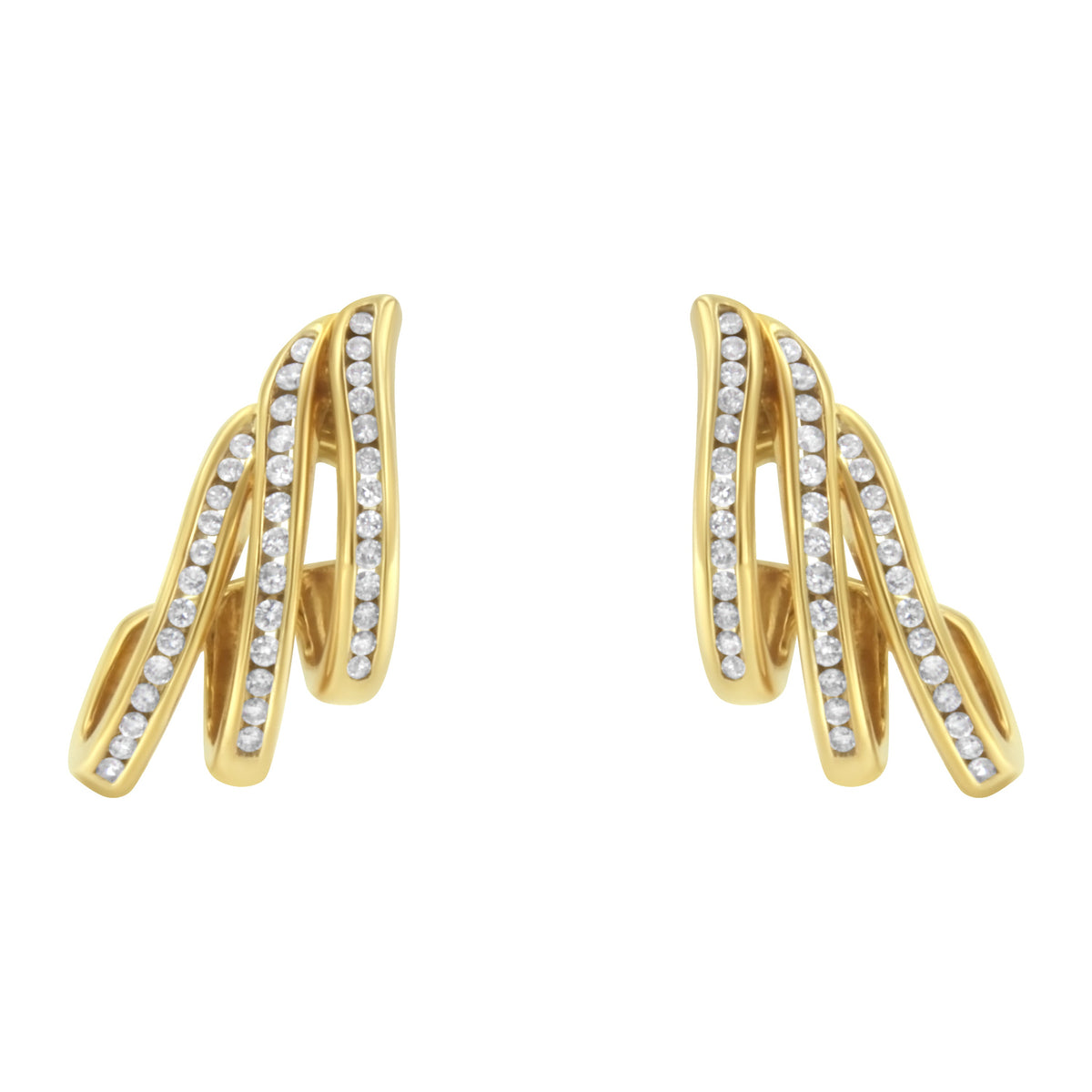 10K Yellow Gold 1.0 Cttw Round Brilliant Cut Diamond Spiral Multi Row Channel Set Open Hoop Pushback Stud Earrings (H-I Color, I1-I2 Clarity)