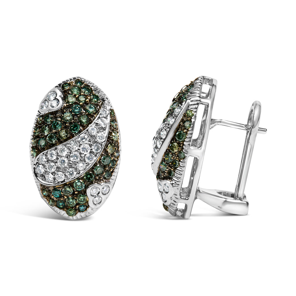 14K White Gold 2.00 Cttw White and Treated Blue Diamond Oval Shield Omega Back Earrings (H-I Color, SI1-SI2 Clarity)