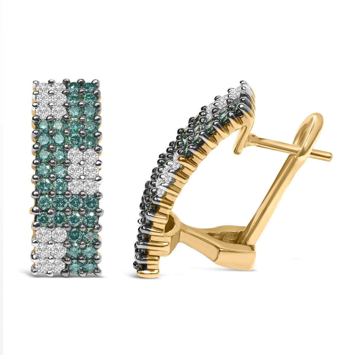 14K Yellow Gold 2.00 Cttw White and Treated Blue Diamond Four-Row PavÃ© Omegaback Earrings (H-I Color, SI1-SI2 Clarity)
