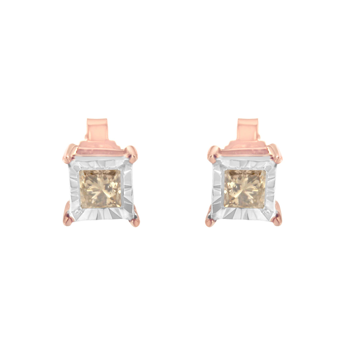 14K Rose Gold Plated Two-Tone .925 Sterling Silver 1/2 Cttw Princess-Cut Square Diamond Solitaire Miracle-Plate Stud Earrings (K-L Color, I2-I3 Clarity)