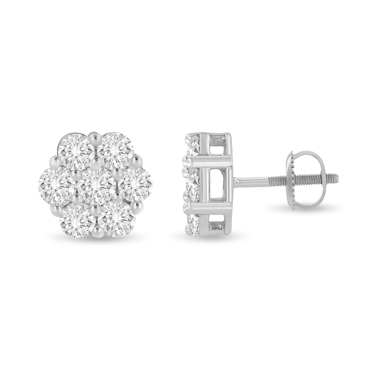 14K White Gold 3 cttw Prong Set Round-Cut Diamond Floral Cluster Stud Earring (I-J Color, SI1-SI2 Clarity)