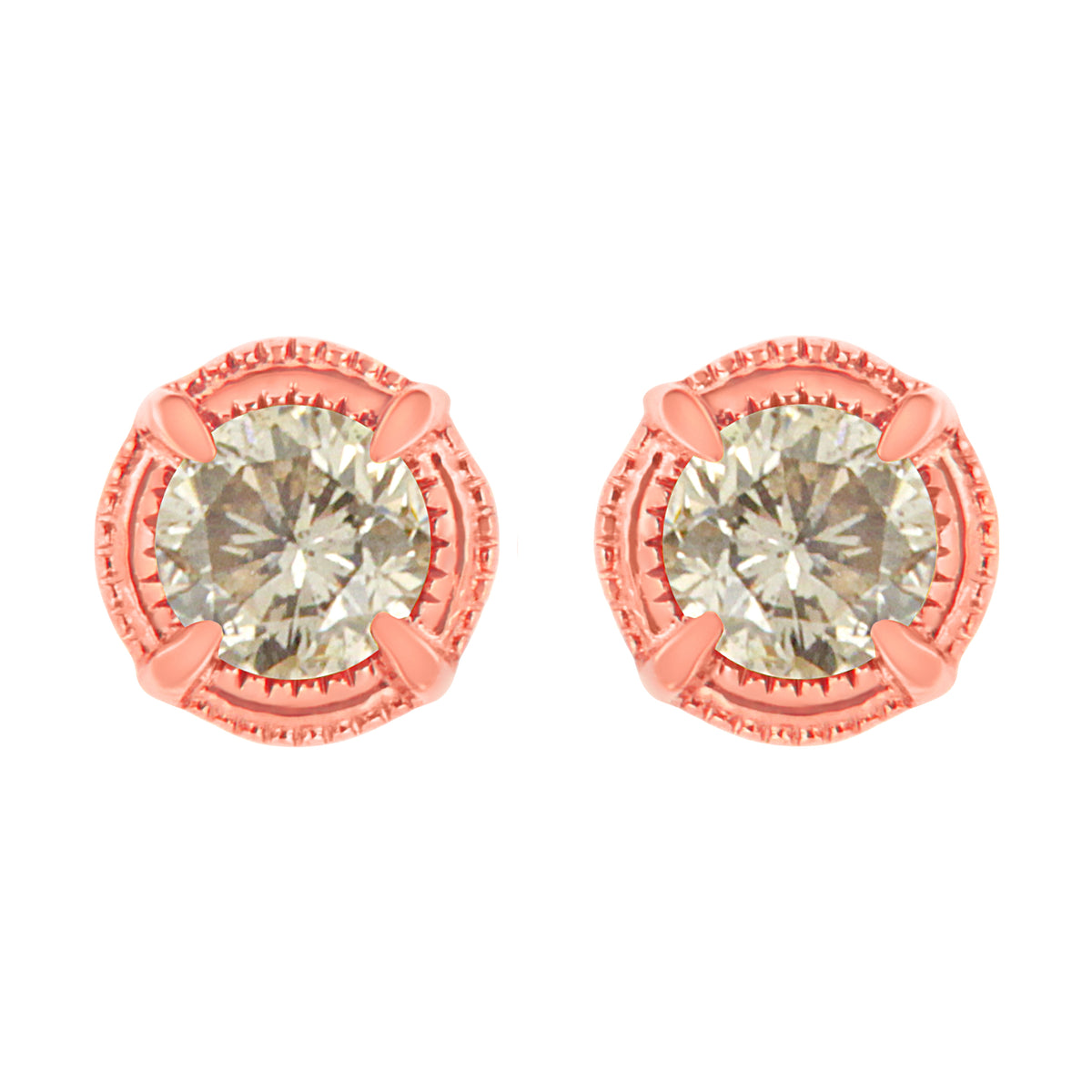 14K Yellow Gold Plated .925 Sterling Silver 1.0 Cttw Round Brilliant Cut Diamond Solitaire Milgrain Stud Earrings (K-L Color, I2-I3 Clarity)