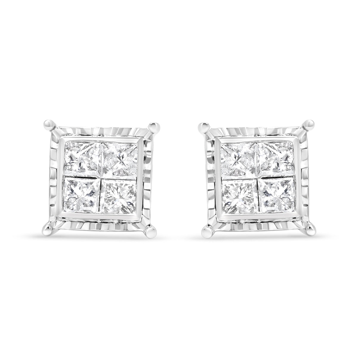 14K White Gold 1 1/2 Cttw Invisible Set Princess-Cut Diamond Contemporary Wavy Quad Stud Earrings (I-J Color, I1-I2 Clarity)