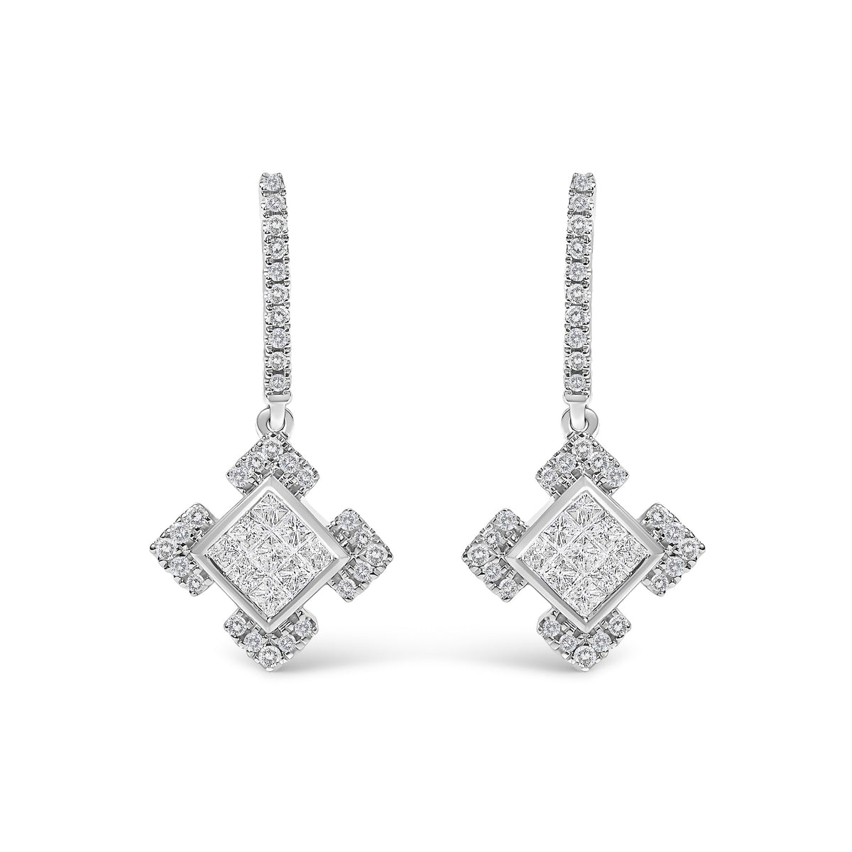 10K White Gold Princess and Round Diamond Geometric Composite Dangle Earrings