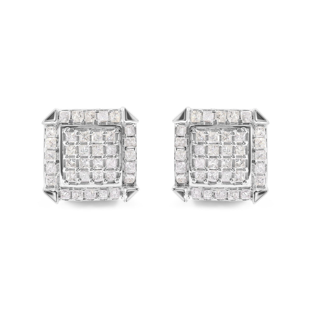 10K White Gold 1 1/10 Cttw Princess Diamond Composite and Halo Stud Earrings (I-J Color, I1-I2 Clarity)