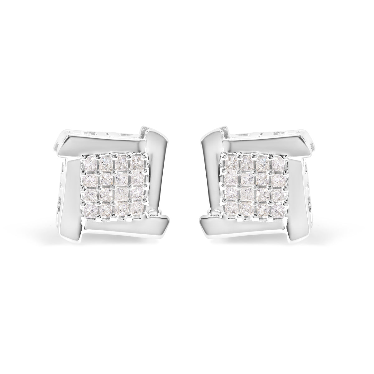 10K White Gold 1/2 Cttw Composite  Princess Diamond Square and Swirl Stud Earrings (I-J Color, I1-I2 Clarity)