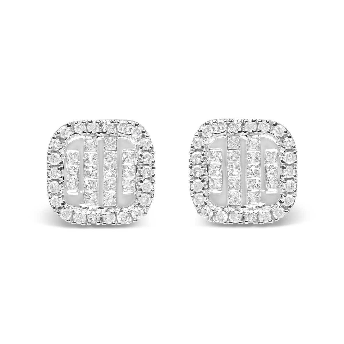 10K White Gold 7/8 Cttw Diamond Princess Composite and Halo Stud Earrings (I-J Color, I1-I2 Clarity)