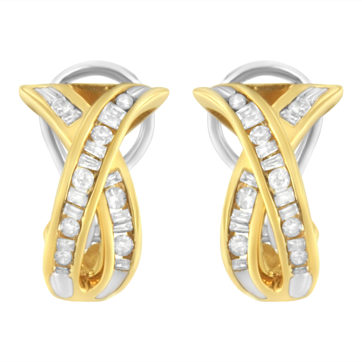 14K Yellow and White Gold 1/2 TDW "X" Shape Cross Over Diamond Hoop Earrings (I-J, I2-I3)