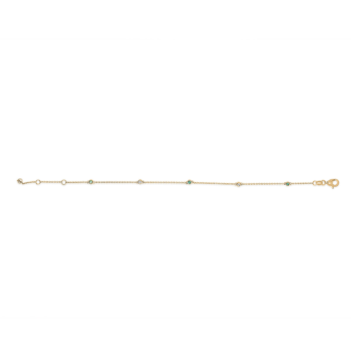 14K Yellow Gold Alternating Green Emerald and Diamond Bezel Station Chain Bracelet - Size 7.5 inch