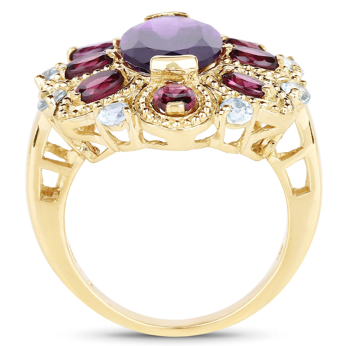 14K Yellow Gold Plated 6.80 Carat Genuine Amethyst, Rhodolite & Blue Topaz .925 Sterling Silver Ring
