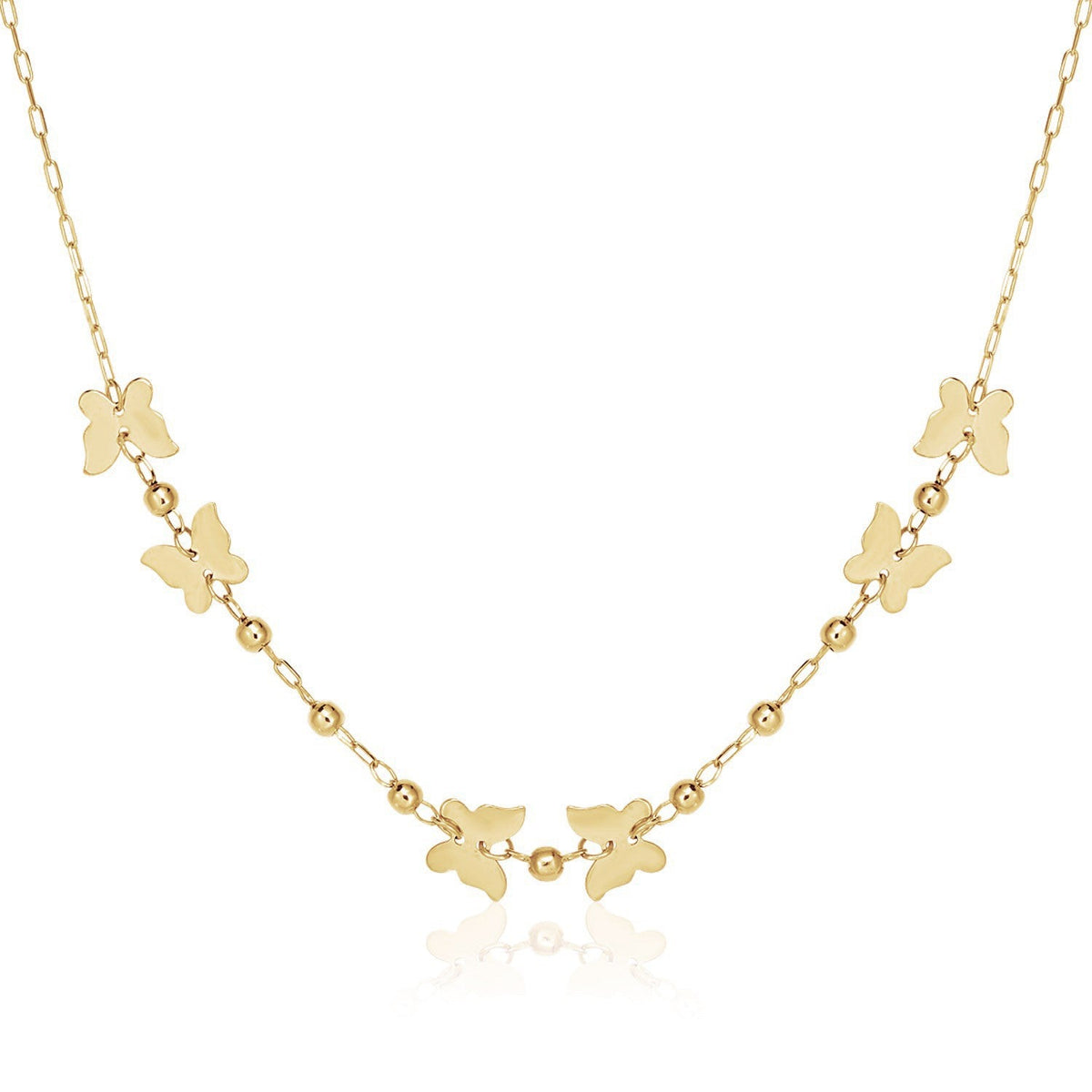 14k Yellow Gold 18 inch Necklace with Polished Butterflies and Beads