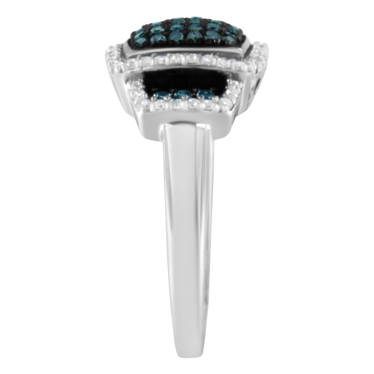 Black Rhodium Plated .925 Sterling Silver 1/2 Cttw White & Blue Diamond Square Halo Cocktail Ring (Fancy Blue & H-I Color, I2-I3 Clarity) - SIze 6