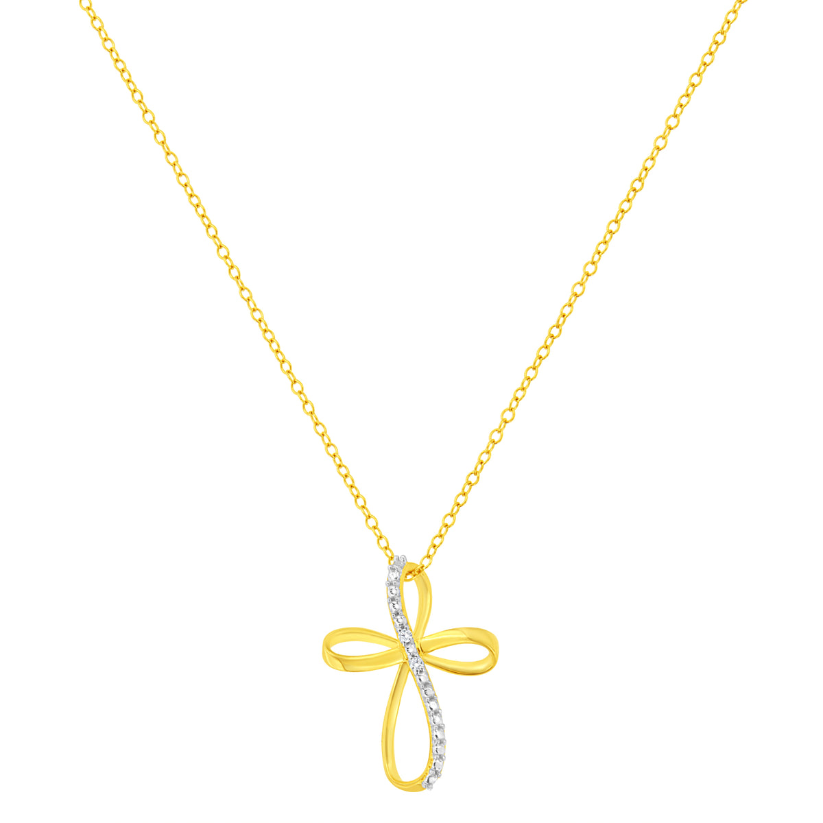 10K Yellow Gold Plated .925 Sterling Silver Diamond Accent Cross Ribbon 18" Pendant Necklace (I-J Color, I2-I3 Clarity)