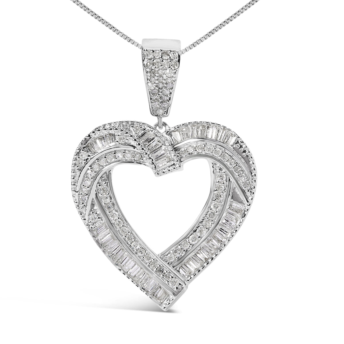 .925 Sterling Silver 1.00 Cttw Baguette and Round Diamond Open Heart Pendant Necklace