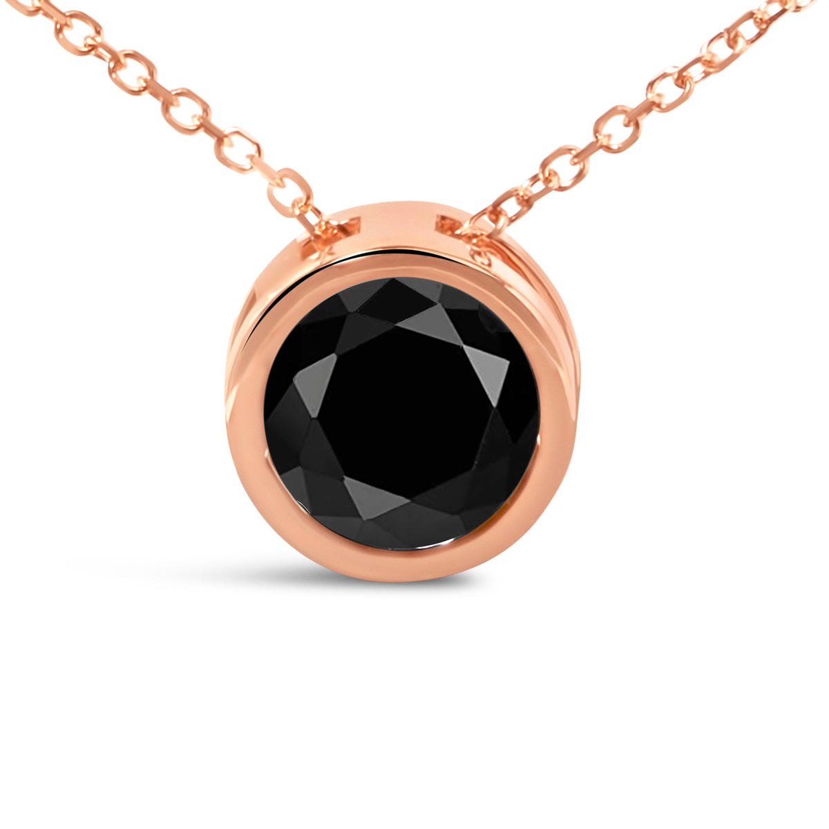 14K Rose Gold 3 1/2 Cttw Bezel-Set Black Round Diamond Solitaire Pendant Necklace (Black Color, I2-I3 Clarity) - 18"