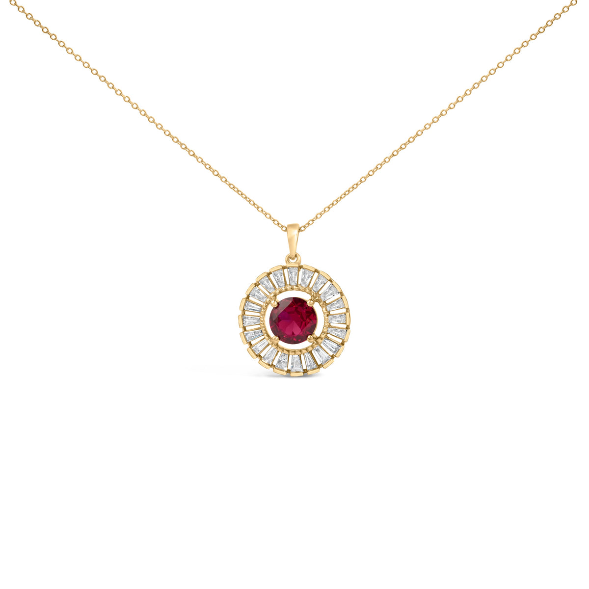 14K Yellow Gold Plated Sterling Silver Lab Grown Ruby and Diamond Medallion Pendant Necklace