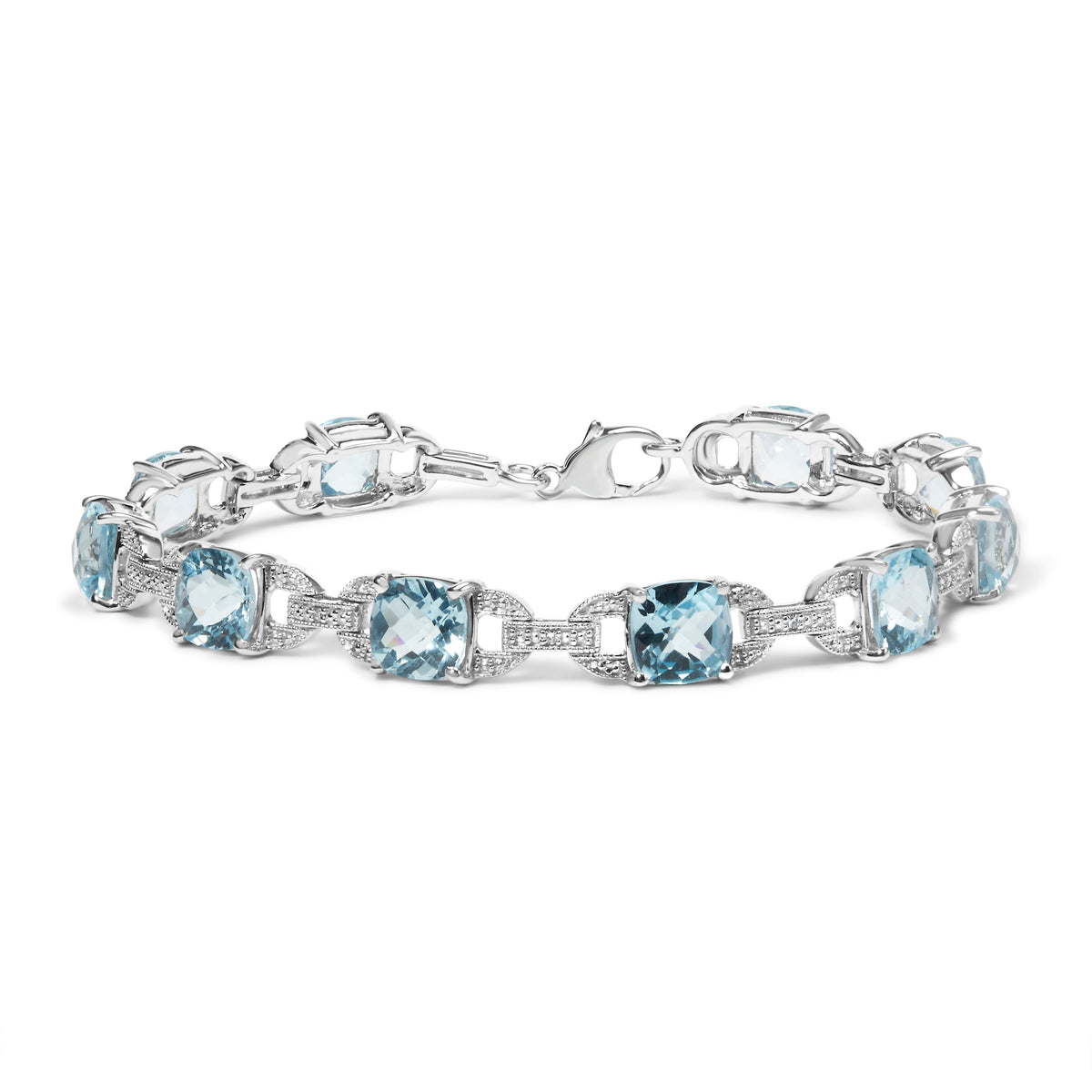.925 Sterling Silver 7x7 mm Cushion Cut Blue Topaz and 1/20 cttw Round Cut Diamond Fashion Tennis Bracelet (I-J Color, I1-I2 Clarity) - 7"