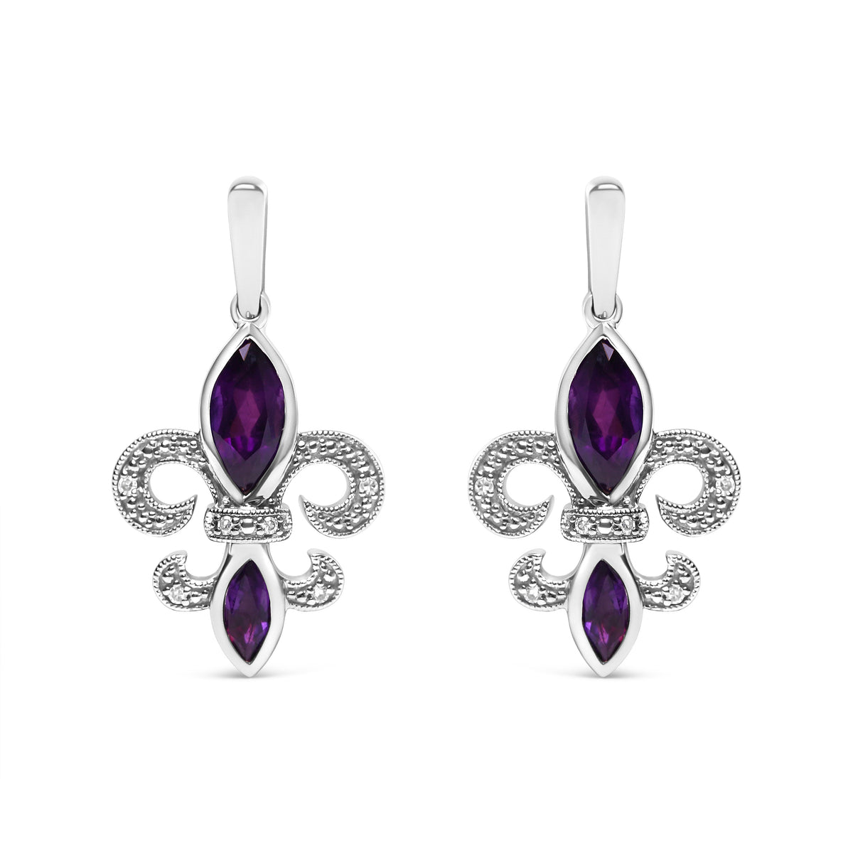.925 Sterling Silver Marquise Cut Amethyst and Diamond Accent Fleur De Lis Dangle Stud Earrings (H-I Color, SI1-SI2 Clarity)