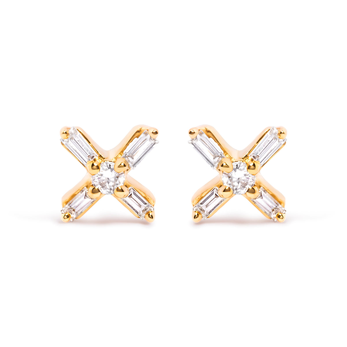 10K Yellow Gold 1/10 Cttw Round and Baguette Diamond Criss Cross X Stud Earring (H-I Color, I1-I2 Clarity)